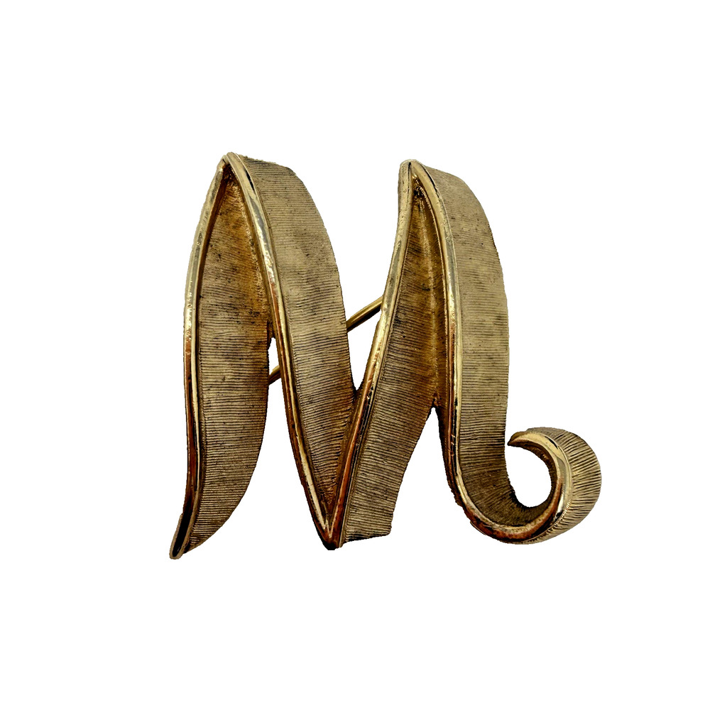 Vintage Trifari Gold Tone "M" Ribbon Brooch Pin Textured Abstract 1”